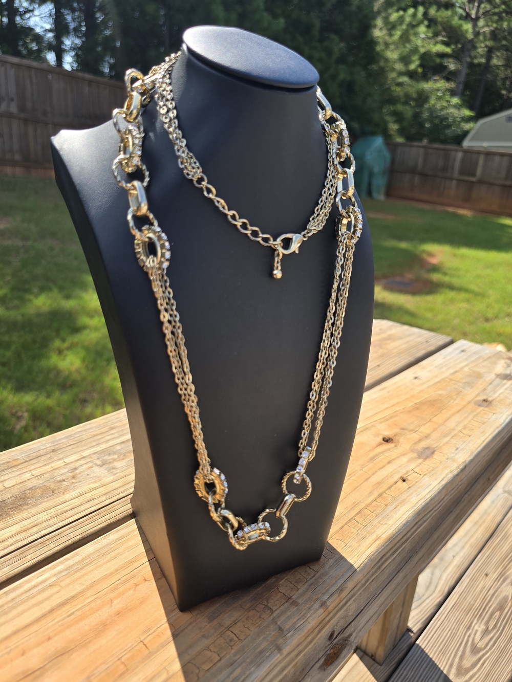 Gold Tone Multi-Chain Link Necklace with Rhinestone Rings
